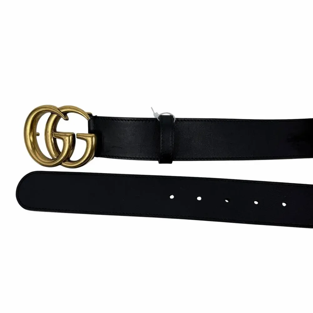 Gucci GG Logo Marmont Wide Leather Belt Black Gold Buckle Size 90/36